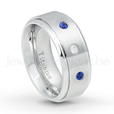 0.21ctw Blue Sapphire 3-Stone Ring - September Birthstone Ring - 9mm Satin Finish Comfort Fit Stepped Edge White Titanium Wedding Ring TM543-SP