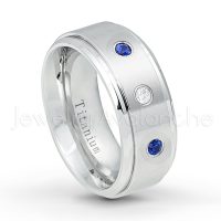 0.21ctw Diamond & Blue Sapphire 3-Stone Ring - September Birthstone Ring - 9mm Satin Finish Comfort Fit Stepped Edge White Titanium Wedding Ring TM543-SP