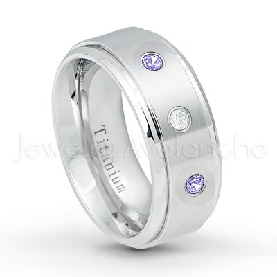 0.21ctw Tanzanite 3-Stone Ring - December Birthstone Ring - 9mm Satin Finish Comfort Fit Stepped Edge White Titanium Wedding Ring TM543-TZN