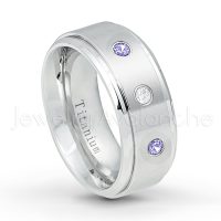 0.21ctw Diamond & Tanzanite 3-Stone Ring - December Birthstone Ring - 9mm Satin Finish Comfort Fit Stepped Edge White Titanium Wedding Ring TM543-TZN