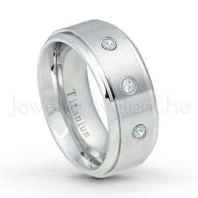 0.21ctw Diamond & Aquamarine 3-Stone Ring - March Birthstone Ring - 9mm Satin Finish Comfort Fit Stepped Edge White Titanium Wedding Ring TM543-AQM