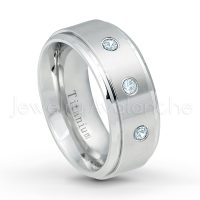 0.21ctw Aquamarine 3-Stone Ring - March Birthstone Ring - 9mm Satin Finish Comfort Fit Stepped Edge White Titanium Wedding Ring TM543-AQM
