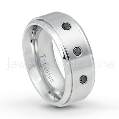 0.07ctw Black Diamond Solitaire Ring - April Birthstone Ring - 9mm Satin Finish Comfort Fit Stepped Edge White Titanium Wedding Ring TM543-BD