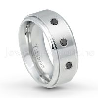 0.21ctw Black Diamond 3-Stone Ring - April Birthstone Ring - 9mm Satin Finish Comfort Fit Stepped Edge White Titanium Wedding Ring TM543-BD