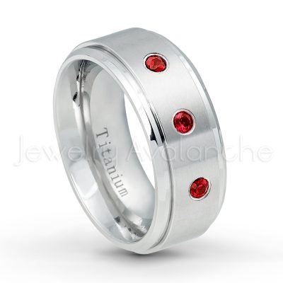 0.21ctw Garnet & Diamond 3-Stone Ring - January Birthstone Ring - 9mm Satin Finish Comfort Fit Stepped Edge White Titanium Wedding Ring TM543-GR