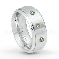 0.21ctw Green Tourmaline 3-Stone Ring - October Birthstone Ring - 9mm Satin Finish Comfort Fit Stepped Edge White Titanium Wedding Ring TM543-GTM