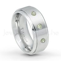 0.21ctw Peridot 3-Stone Ring - August Birthstone Ring - 9mm Satin Finish Comfort Fit Stepped Edge White Titanium Wedding Ring TM543-PD