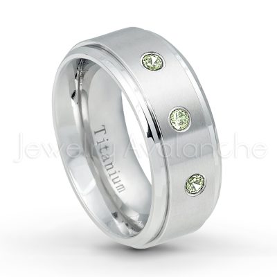 0.21ctw Diamond & Peridot 3-Stone Ring - August Birthstone Ring - 9mm Satin Finish Comfort Fit Stepped Edge White Titanium Wedding Ring TM543-PD