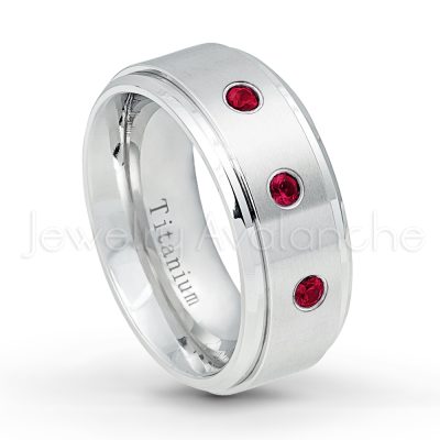 0.21ctw Diamond & Ruby 3-Stone Ring - July Birthstone Ring - 9mm Satin Finish Comfort Fit Stepped Edge White Titanium Wedding Ring TM543-RB