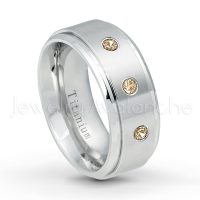 0.21ctw Smokey Quartz 3-Stone Ring - November Birthstone Ring - 9mm Satin Finish Comfort Fit Stepped Edge White Titanium Wedding Ring TM543-SMQ