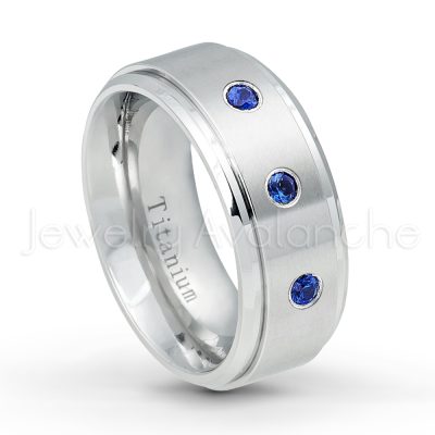 0.21ctw Blue Sapphire & Diamond 3-Stone Ring - September Birthstone Ring - 9mm Satin Finish Comfort Fit Stepped Edge White Titanium Wedding Ring TM543-SP