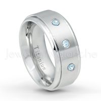 0.21ctw Topaz 3-Stone Ring - November Birthstone Ring - 9mm Satin Finish Comfort Fit Stepped Edge White Titanium Wedding Ring TM543-TP