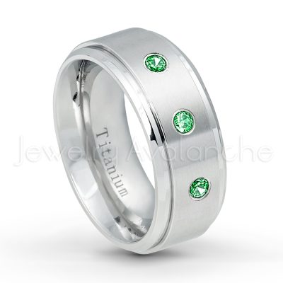0.21ctw Tsavorite & Diamond 3-Stone Ring - January Birthstone Ring - 9mm Satin Finish Comfort Fit Stepped Edge White Titanium Wedding Ring TM543-TVR