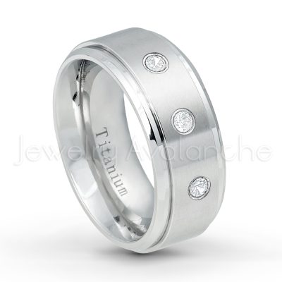 0.21ctw White & Black Diamond 3-Stone Ring - April Birthstone Ring - 9mm Satin Finish Comfort Fit Stepped Edge White Titanium Wedding Ring TM543-WD