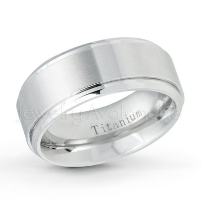 9mm White Titanium Wedding Band - Satin Finish Comfort Fit Stepped Edge Titanium Ring - Anniversary Ring TM543PL