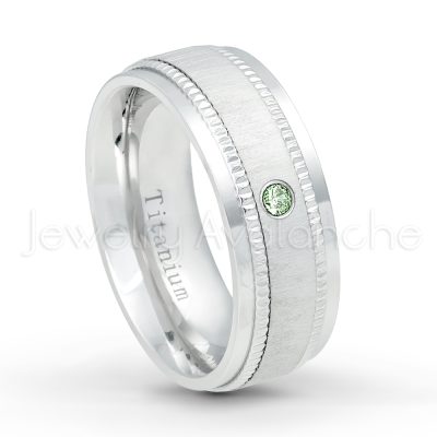 0.21ctw Alexandrite & Diamond 3-Stone Ring - June Birthstone Ring - 8mm Brushed Center Milgrain Edge Comfort Fit Dome White Titanium Wedding Ring TM548-ALX
