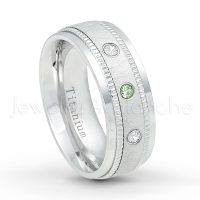0.21ctw Alexandrite & Diamond 3-Stone Ring - June Birthstone Ring - 8mm Brushed Center Milgrain Edge Comfort Fit Dome White Titanium Wedding Ring TM548-ALX
