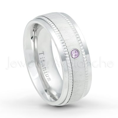 0.21ctw Amethyst & Diamond 3-Stone Ring - February Birthstone Ring - 8mm Brushed Center Milgrain Edge Comfort Fit Dome White Titanium Wedding Ring TM548-AMT