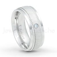 0.07ctw Aquamarine Solitaire Ring - March Birthstone Ring - 8mm Brushed Center Milgrain Edge Comfort Fit Dome White Titanium Wedding Ring TM548-AQM