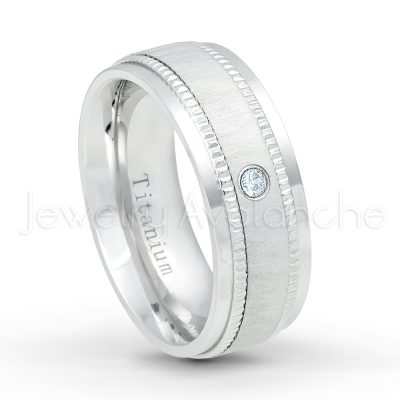 0.21ctw Aquamarine & Diamond 3-Stone Ring - March Birthstone Ring - 8mm Brushed Center Milgrain Edge Comfort Fit Dome White Titanium Wedding Ring TM548-AQM