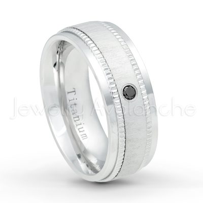 0.07ctw Black Diamond Solitaire Ring - April Birthstone Ring - 8mm Brushed Center Milgrain Edge Comfort Fit Dome White Titanium Wedding Ring TM548-BD