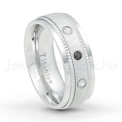 0.07ctw Black Diamond Solitaire Ring - April Birthstone Ring - 8mm Brushed Center Milgrain Edge Comfort Fit Dome White Titanium Wedding Ring TM548-BD