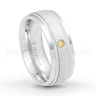 0.21ctw Citrine 3-Stone Ring - November Birthstone Ring - 8mm Brushed Center Milgrain Edge Comfort Fit Dome White Titanium Wedding Ring TM548-CN