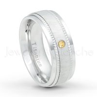 0.07ctw Citrine Solitaire Ring - November Birthstone Ring - 8mm Brushed Center Milgrain Edge Comfort Fit Dome White Titanium Wedding Ring TM548-CN