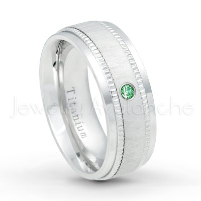0.21ctw Emerald 3-Stone Ring - May Birthstone Ring - 8mm Brushed Center Milgrain Edge Comfort Fit Dome White Titanium Wedding Ring TM548-ED