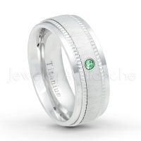 0.07ctw Emerald Solitaire Ring - May Birthstone Ring - 8mm Brushed Center Milgrain Edge Comfort Fit Dome White Titanium Wedding Ring TM548-ED