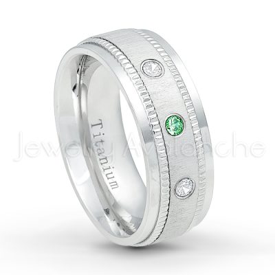 0.21ctw Emerald & Diamond 3-Stone Ring - May Birthstone Ring - 8mm Brushed Center Milgrain Edge Comfort Fit Dome White Titanium Wedding Ring TM548-ED