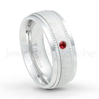 0.07ctw Garnet Solitaire Ring - January Birthstone Ring - 8mm Brushed Center Milgrain Edge Comfort Fit Dome White Titanium Wedding Ring TM548-GR