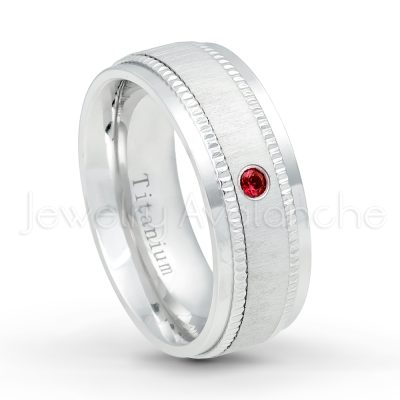 0.21ctw Diamond & Garnet 3-Stone Ring - January Birthstone Ring - 8mm Brushed Center Milgrain Edge Comfort Fit Dome White Titanium Wedding Ring TM548-GR
