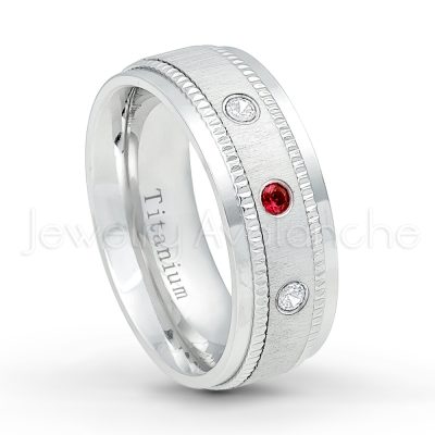 0.21ctw Garnet 3-Stone Ring - January Birthstone Ring - 8mm Brushed Center Milgrain Edge Comfort Fit Dome White Titanium Wedding Ring TM548-GR