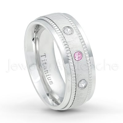 0.21ctw Pink Tourmaline & Diamond 3-Stone Ring - October Birthstone Ring - 8mm Brushed Center Milgrain Edge Comfort Fit Dome White Titanium Wedding Ring TM548-PTM