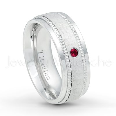 0.21ctw Diamond & Ruby 3-Stone Ring - July Birthstone Ring - 8mm Brushed Center Milgrain Edge Comfort Fit Dome White Titanium Wedding Ring TM548-RB