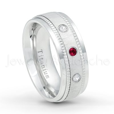 0.21ctw Ruby 3-Stone Ring - July Birthstone Ring - 8mm Brushed Center Milgrain Edge Comfort Fit Dome White Titanium Wedding Ring TM548-RB
