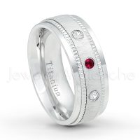0.21ctw Ruby & Diamond 3-Stone Ring - July Birthstone Ring - 8mm Brushed Center Milgrain Edge Comfort Fit Dome White Titanium Wedding Ring TM548-RB