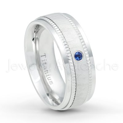 0.21ctw Blue Sapphire 3-Stone Ring - September Birthstone Ring - 8mm Brushed Center Milgrain Edge Comfort Fit Dome White Titanium Wedding Ring TM548-SP
