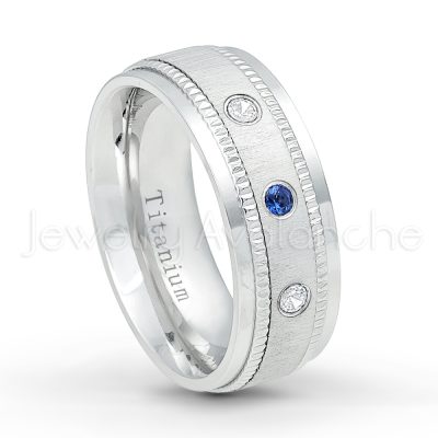 0.07ctw Blue Sapphire Solitaire Ring - September Birthstone Ring - 8mm Brushed Center Milgrain Edge Comfort Fit Dome White Titanium Wedding Ring TM548-SP
