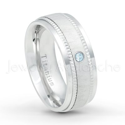 0.21ctw Topaz 3-Stone Ring - November Birthstone Ring - 8mm Brushed Center Milgrain Edge Comfort Fit Dome White Titanium Wedding Ring TM548-TP