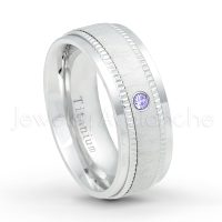 0.07ctw Tanzanite Solitaire Ring - December Birthstone Ring - 8mm Brushed Center Milgrain Edge Comfort Fit Dome White Titanium Wedding Ring TM548-TZN