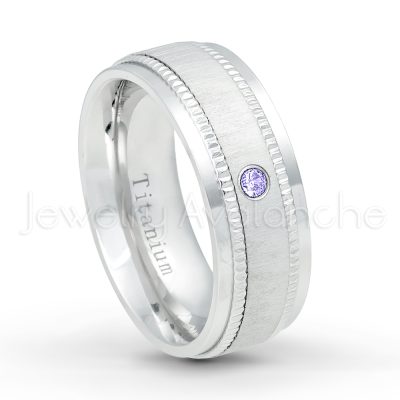 0.21ctw Tanzanite & Diamond 3-Stone Ring - December Birthstone Ring - 8mm Brushed Center Milgrain Edge Comfort Fit Dome White Titanium Wedding Ring TM548-TZN