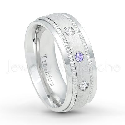 0.21ctw Tanzanite 3-Stone Ring - December Birthstone Ring - 8mm Brushed Center Milgrain Edge Comfort Fit Dome White Titanium Wedding Ring TM548-TZN