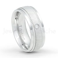 0.07ctw Diamond Solitaire Ring - April Birthstone Ring - 8mm Brushed Center Milgrain Edge Comfort Fit Dome White Titanium Wedding Ring TM548-WD
