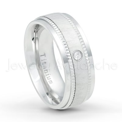0.21ctw Diamond 3-Stone Ring - April Birthstone Ring - 8mm Brushed Center Milgrain Edge Comfort Fit Dome White Titanium Wedding Ring TM548-WD