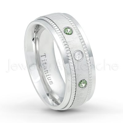 0.21ctw Alexandrite 3-Stone Ring - June Birthstone Ring - 8mm Brushed Center Milgrain Edge Comfort Fit Dome White Titanium Wedding Ring TM548-ALX