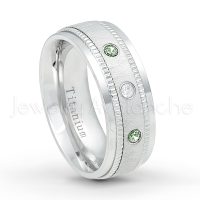 0.21ctw Diamond & Alexandrite 3-Stone Ring - June Birthstone Ring - 8mm Brushed Center Milgrain Edge Comfort Fit Dome White Titanium Wedding Ring TM548-ALX