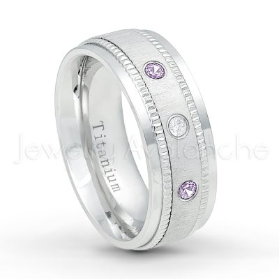 0.21ctw Amethyst & Diamond 3-Stone Ring - February Birthstone Ring - 8mm Brushed Center Milgrain Edge Comfort Fit Dome White Titanium Wedding Ring TM548-AMT