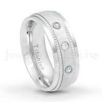 0.21ctw Diamond & Aquamarine 3-Stone Ring - March Birthstone Ring - 8mm Brushed Center Milgrain Edge Comfort Fit Dome White Titanium Wedding Ring TM548-AQM